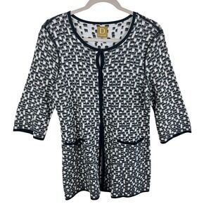 DAMASK Women's Black White Geometric Knit 3/4 Sleeve Snap Up Cardigan Sweater M